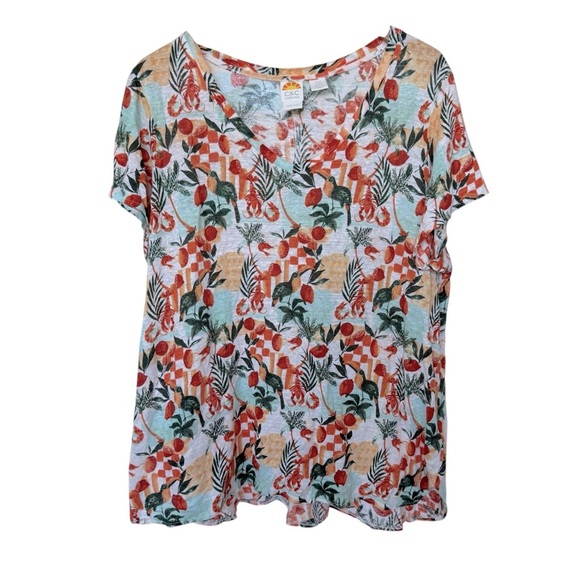 C&C California Women's 2XL Lobster Citrus V-Neck Shirt 100% Linen Summer Casual - Picture 1 of 6